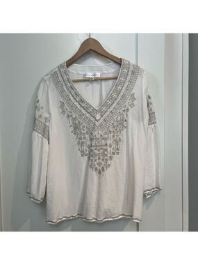 Chelsea & Theodore White Blouse with Gray Embroidery